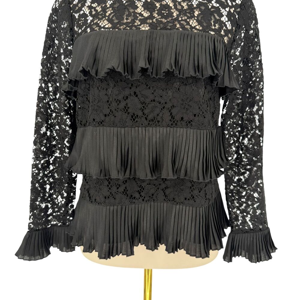 J Crew Black Lace Ruffle Top 4 Sheer Sleeve Floral Pleated Tiered Blouse Keyhole - Picture 4 of 10